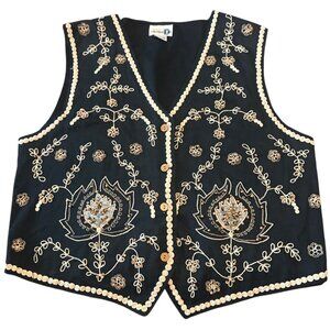Paul Harris Embroidered  Beaded Cotton Vest L Black & Beige Work Core Boho